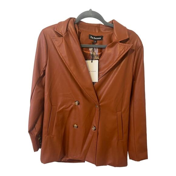 En Saison Faux Leather Oversized Blazer Jacket Double Breasted Rust Brown Small - Picture 5 of 12